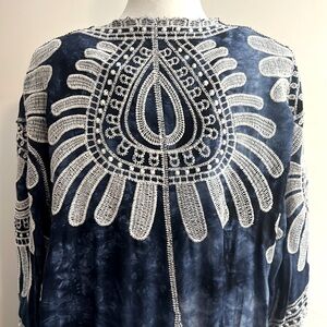 Sorrento Navy Blue and White Embroidered Bell Sleeves Kimono Duster Open Front